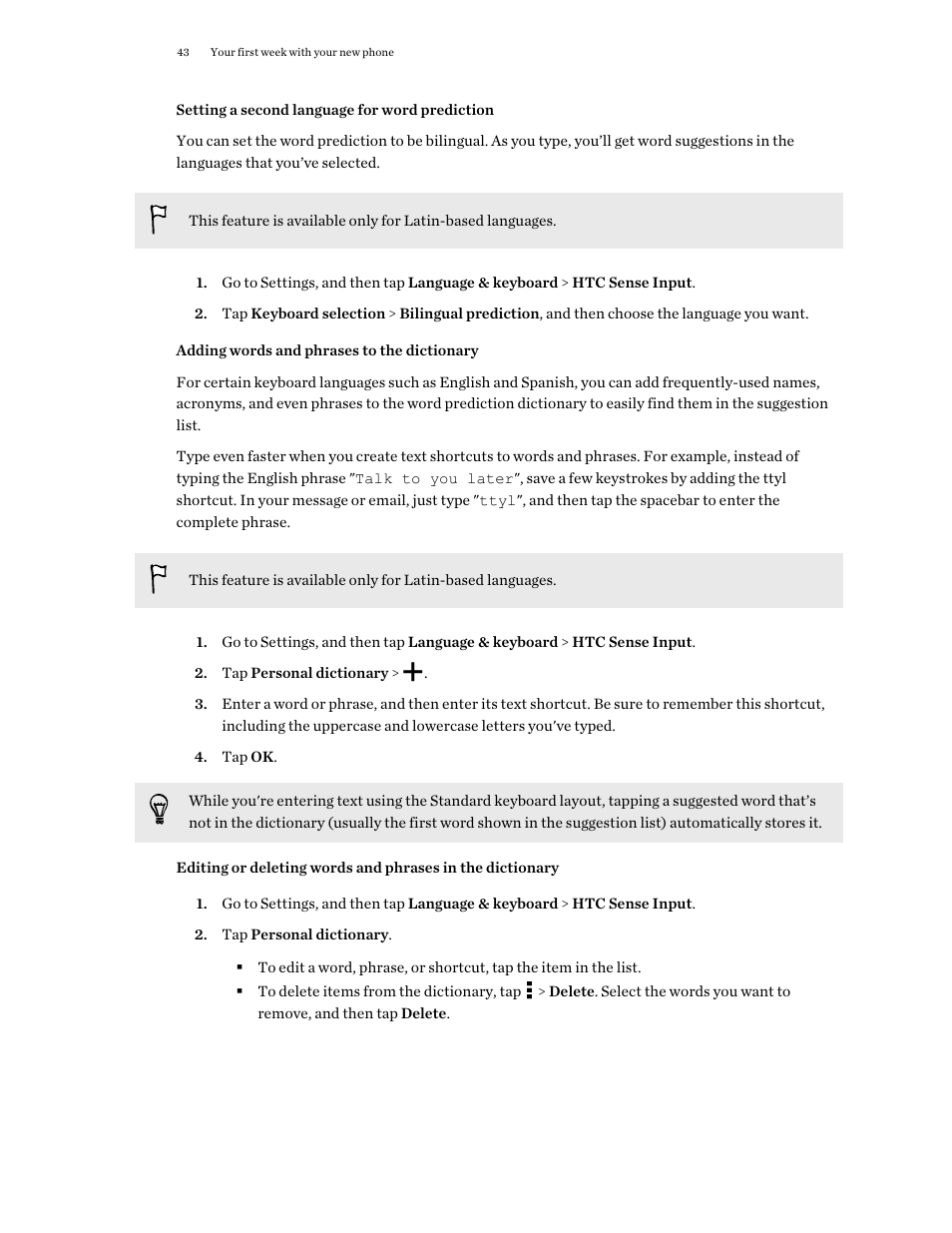 Setting a second language for word prediction, Adding words and phrases to the dictionary | HTC One E8 User Manual | Page 43 / 188