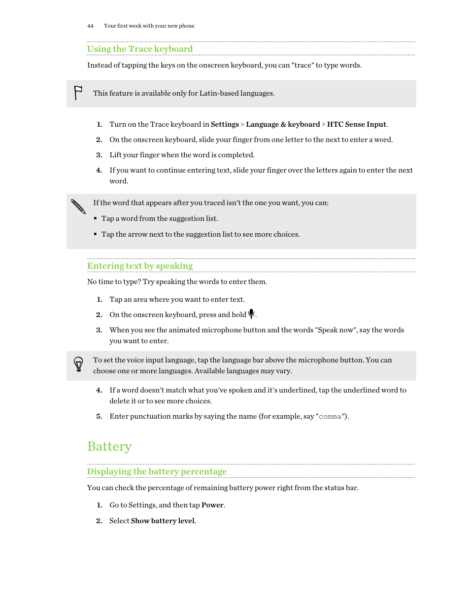 Using the trace keyboard, Entering text by speaking, Battery | Displaying the battery percentage | HTC One E8 User Manual | Page 44 / 188