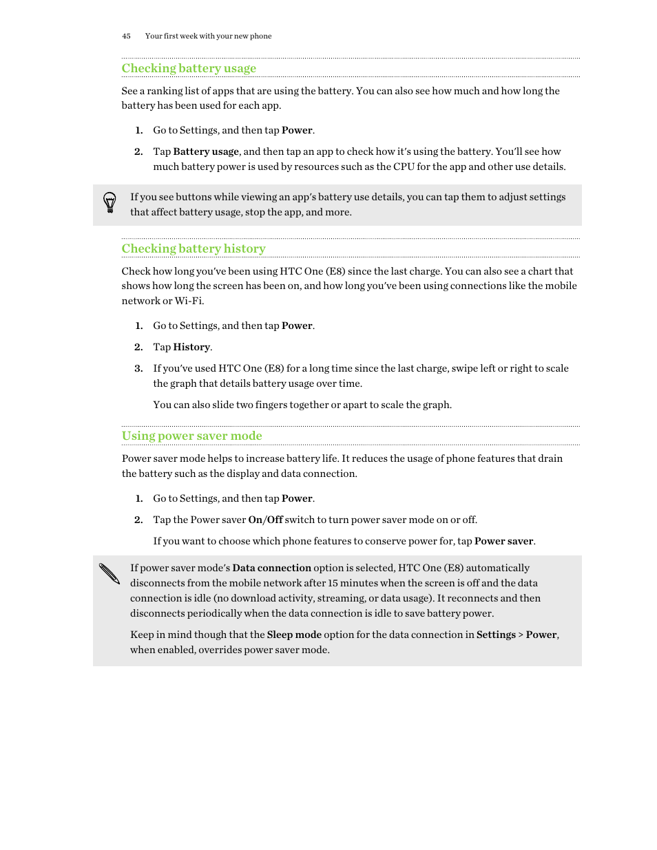 Checking battery usage, Checking battery history, Using power saver mode | HTC One E8 User Manual | Page 45 / 188