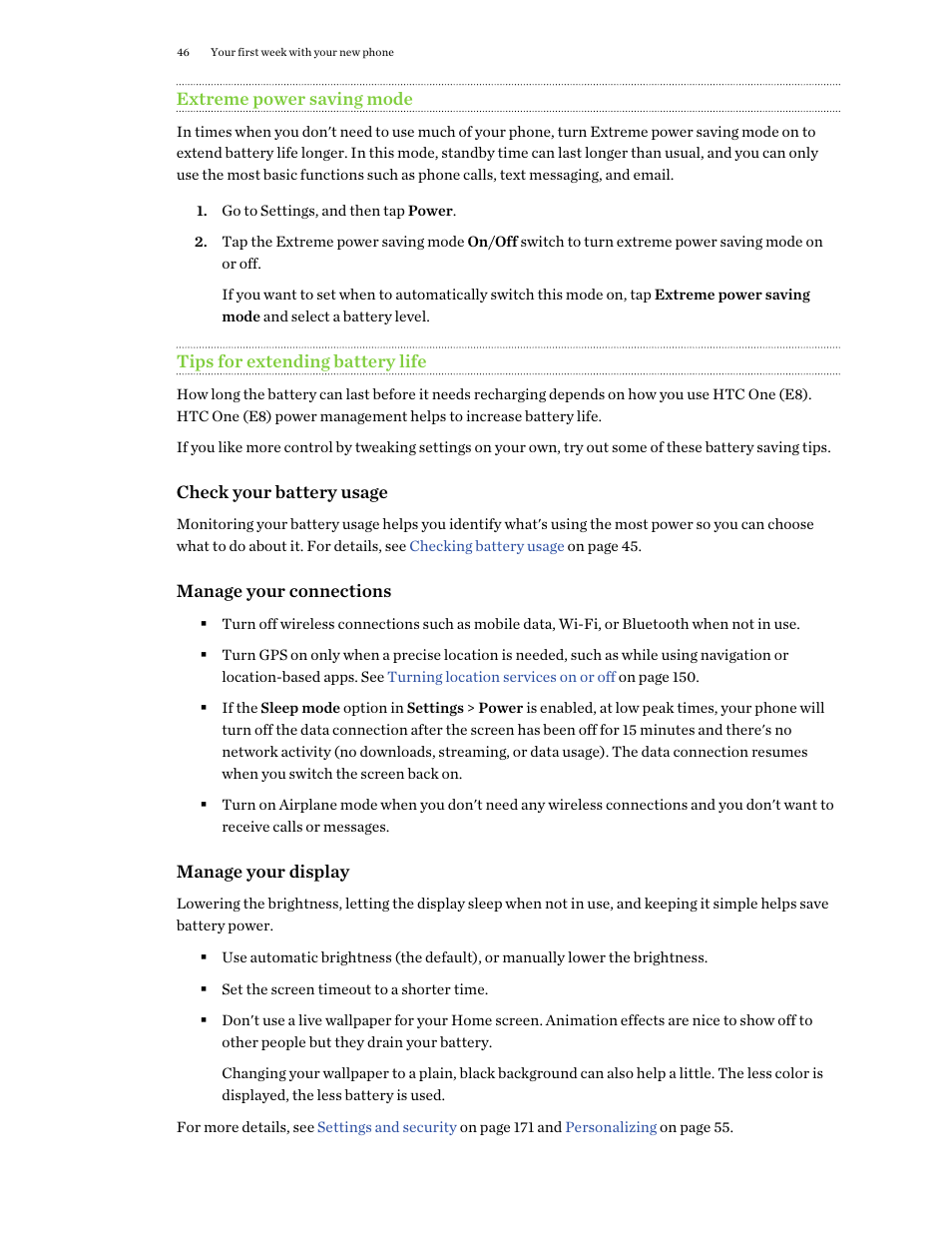 Extreme power saving mode, Tips for extending battery life | HTC One E8 User Manual | Page 46 / 188