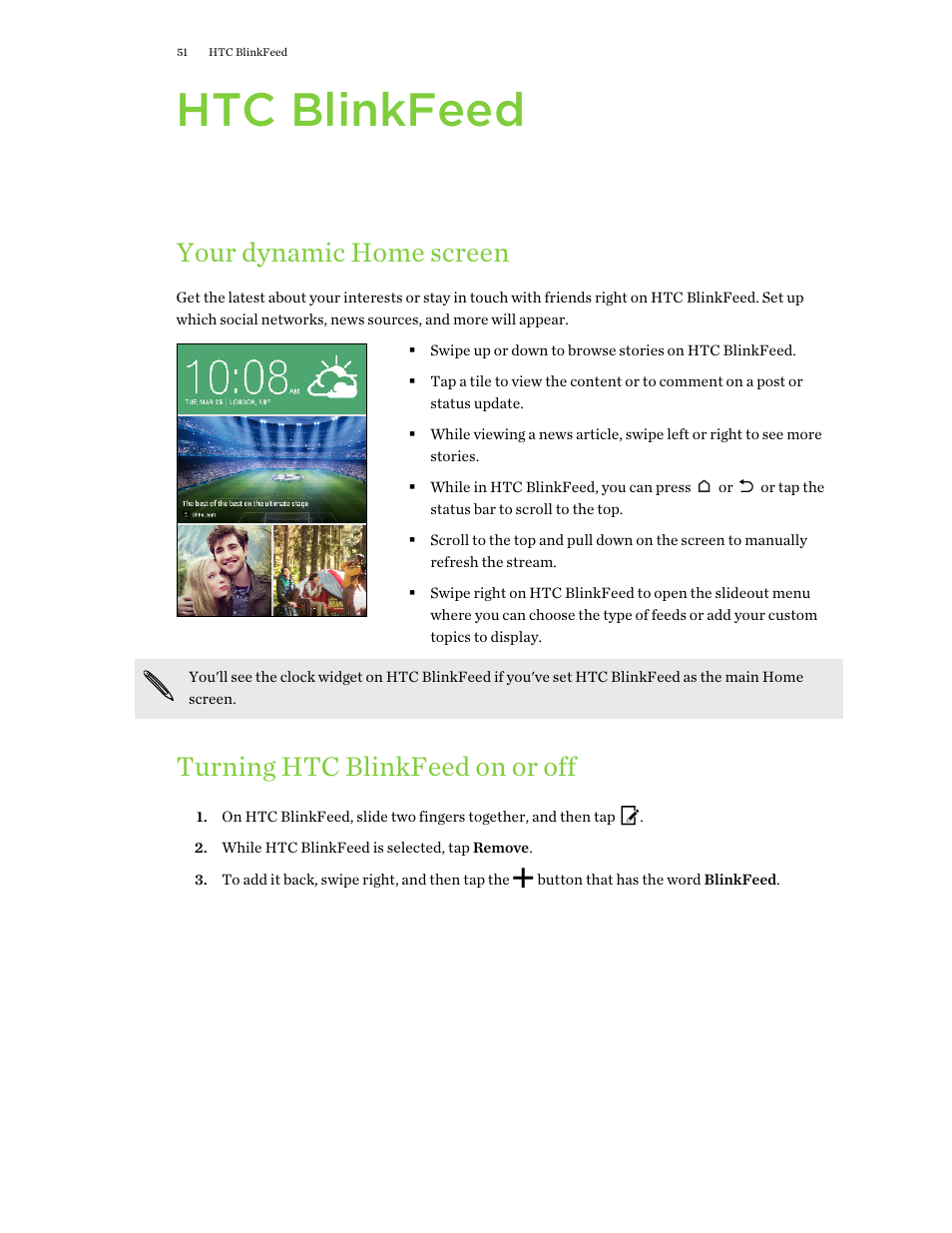 Htc blinkfeed, Your dynamic home screen, Turning htc blinkfeed on or off | HTC One E8 User Manual | Page 51 / 188