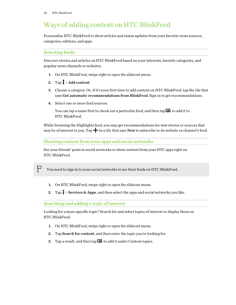 Ways of adding content on htc blinkfeed, Selecting feeds, Showing content from your apps and social networks | Searching and adding a topic of interest | HTC One E8 User Manual | Page 52 / 188