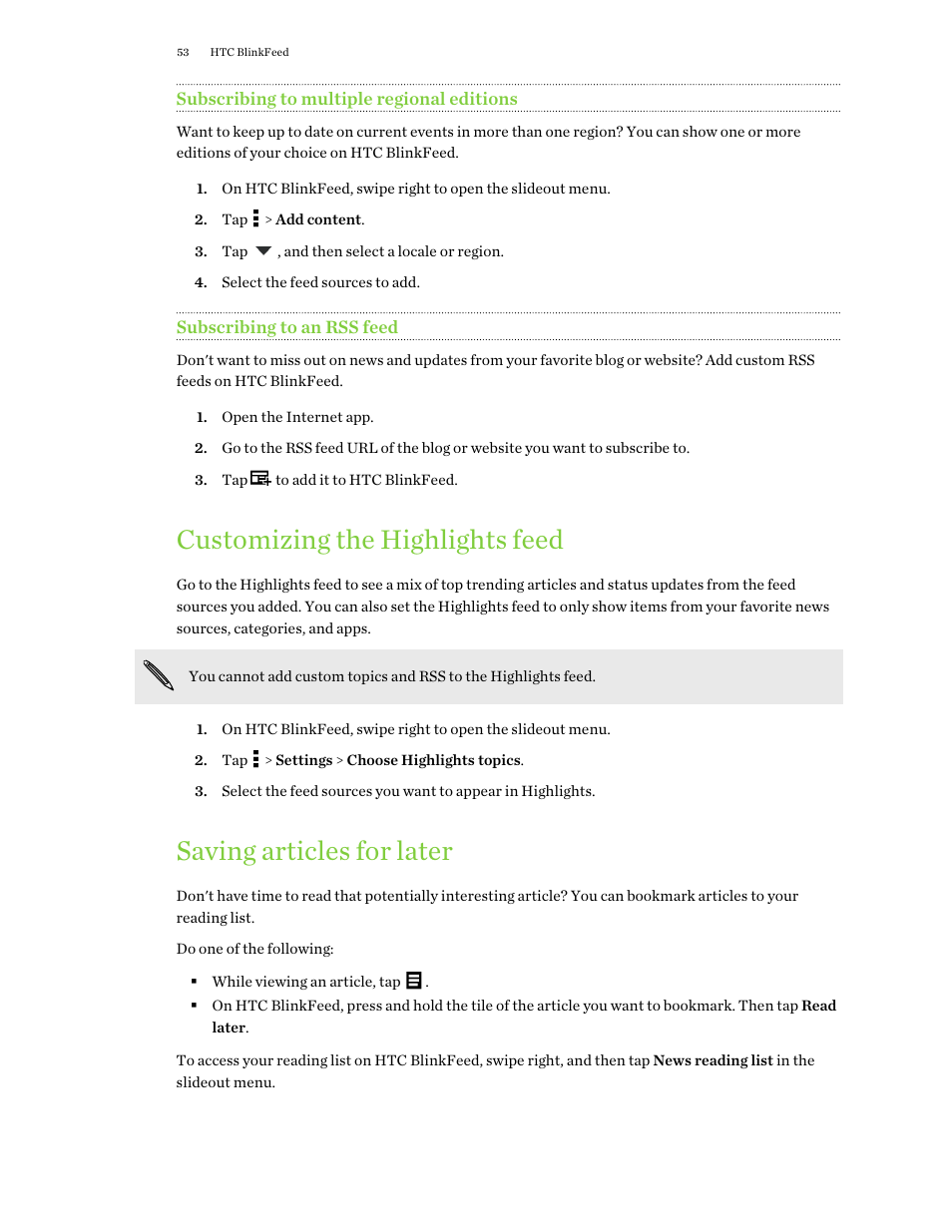 Subscribing to multiple regional editions, Subscribing to an rss feed, Customizing the highlights feed | Saving articles for later | HTC One E8 User Manual | Page 53 / 188