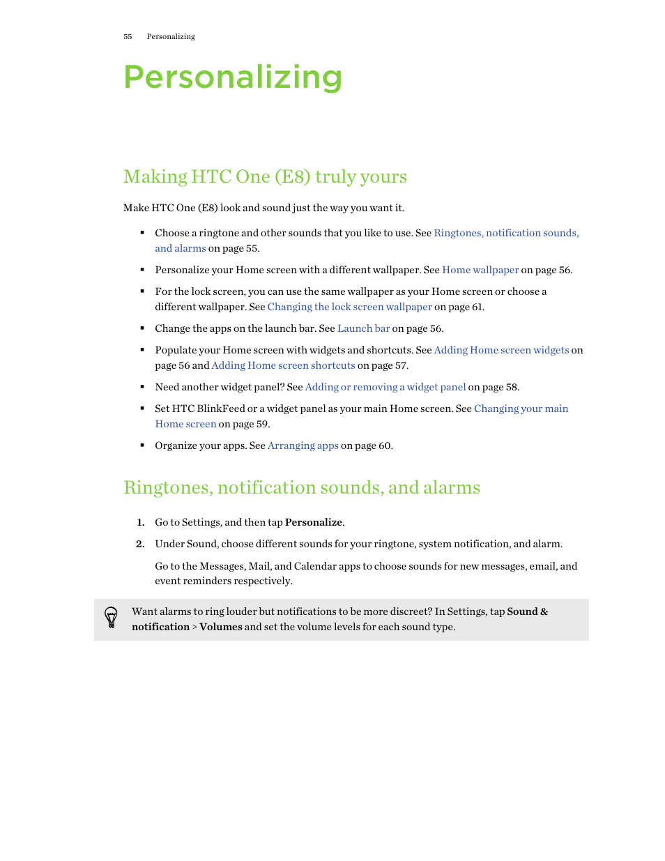 Personalizing, Making htc one (e8) truly yours, Ringtones, notification sounds, and alarms | Details, see | HTC One E8 User Manual | Page 55 / 188