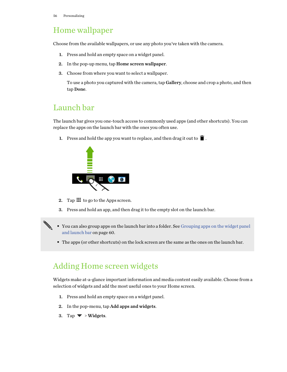 Home wallpaper, Launch bar, Adding home screen widgets | HTC One E8 User Manual | Page 56 / 188