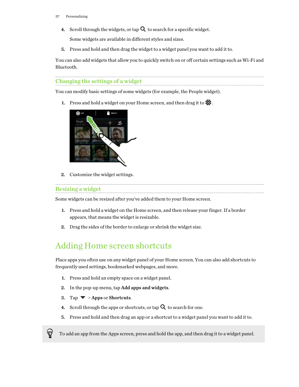 Changing the settings of a widget, Resizing a widget, Adding home screen shortcuts | HTC One E8 User Manual | Page 57 / 188