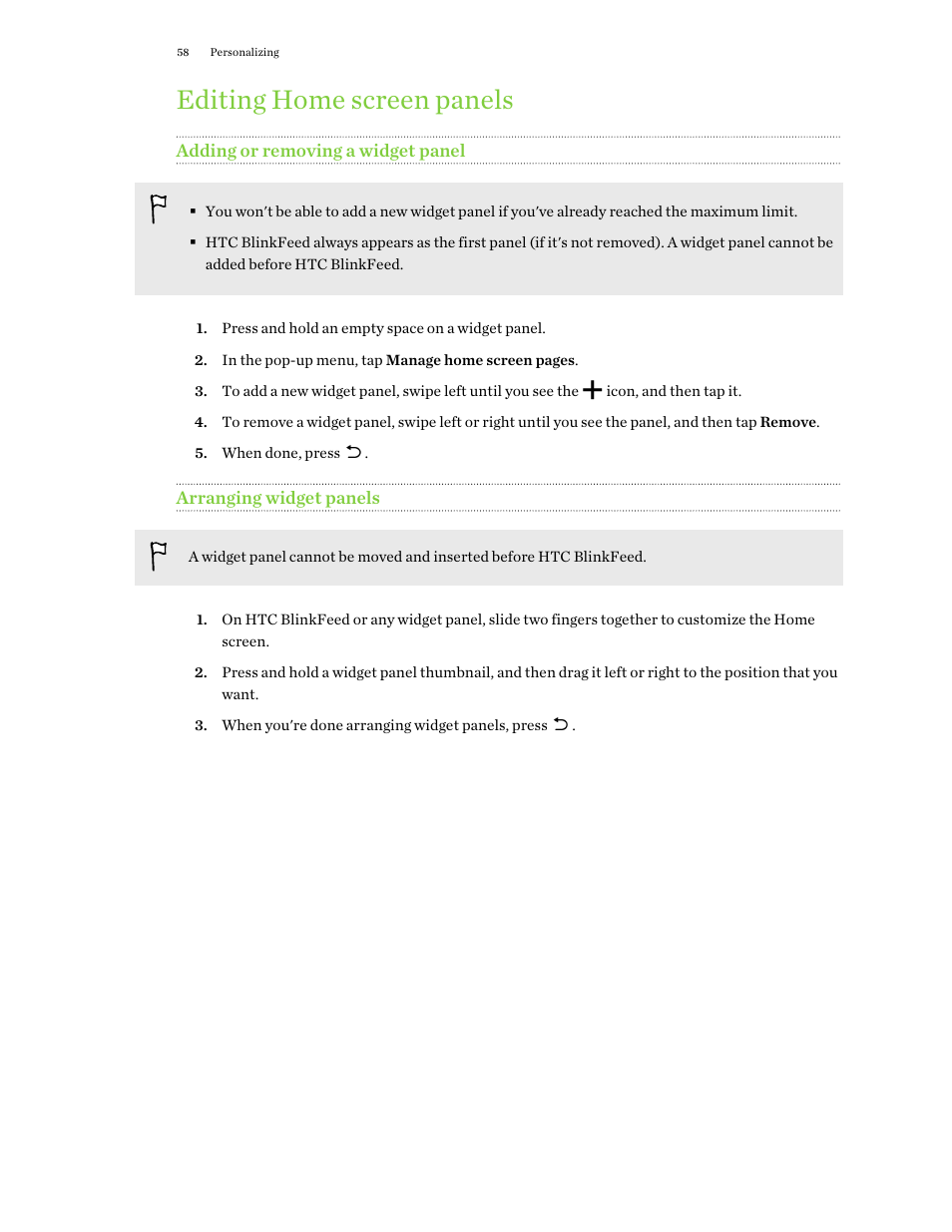 Editing home screen panels, Adding or removing a widget panel, Arranging widget panels | HTC One E8 User Manual | Page 58 / 188