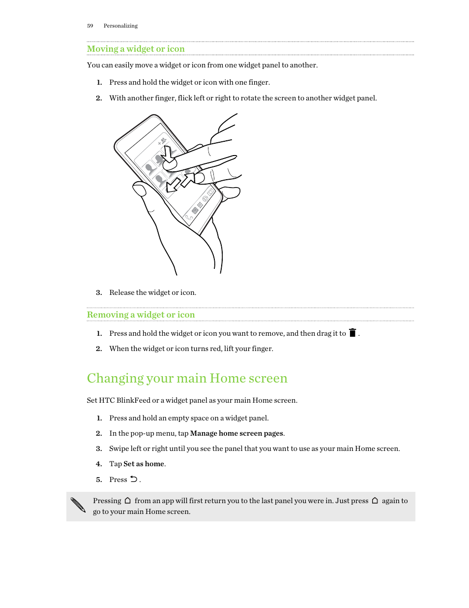Moving a widget or icon, Removing a widget or icon, Changing your main home screen | Changing your main, Home screen | HTC One E8 User Manual | Page 59 / 188