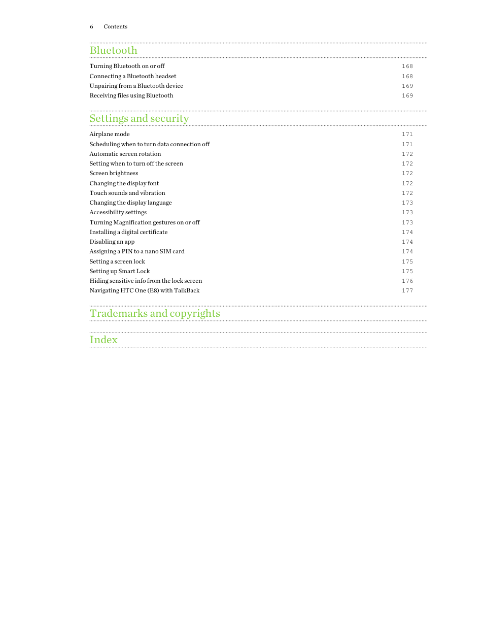 Bluetooth, Settings and security, Trademarks and copyrights index | HTC One E8 User Manual | Page 6 / 188