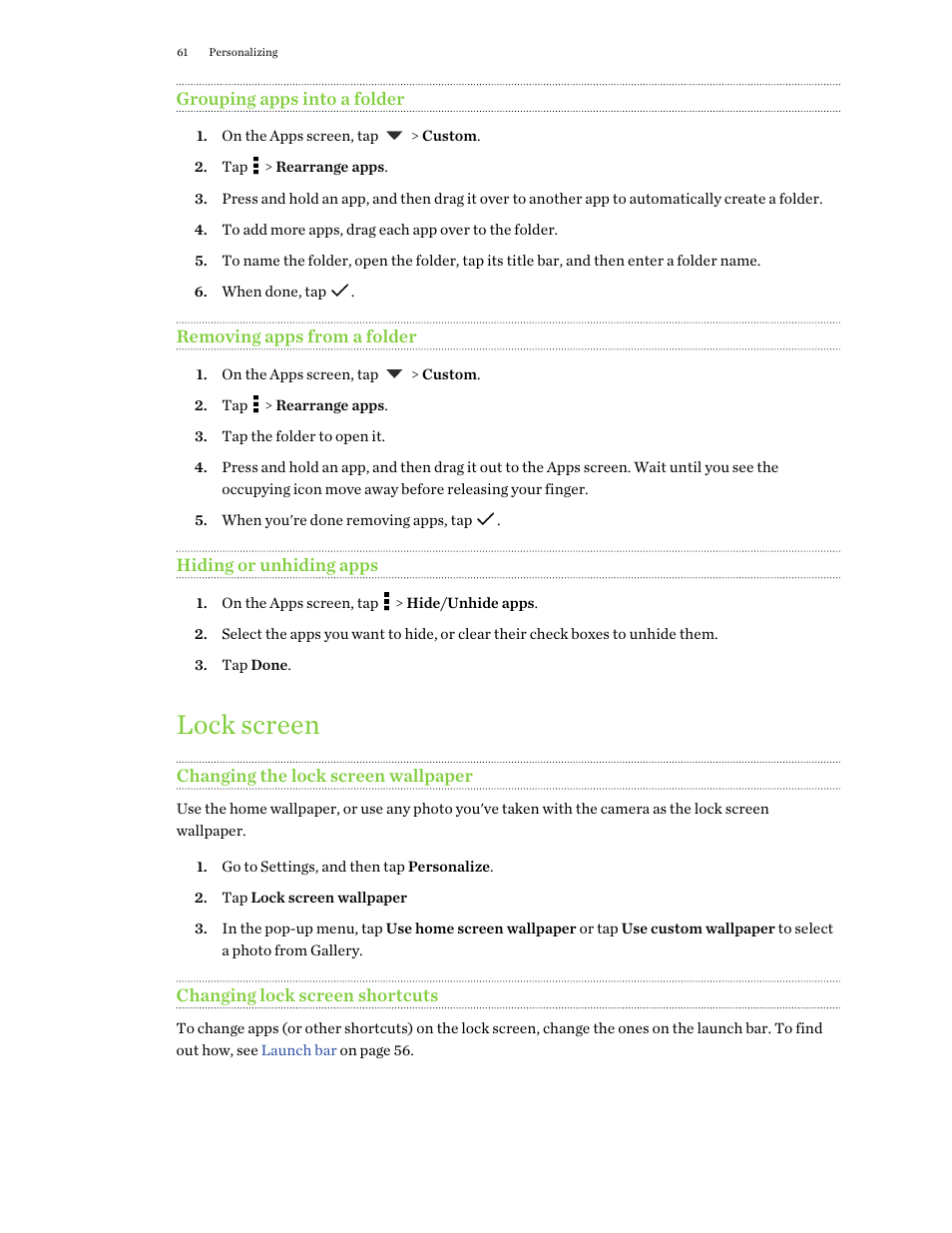 Grouping apps into a folder, Removing apps from a folder, Hiding or unhiding apps | Lock screen, Changing the lock screen wallpaper, Changing lock screen shortcuts | HTC One E8 User Manual | Page 61 / 188