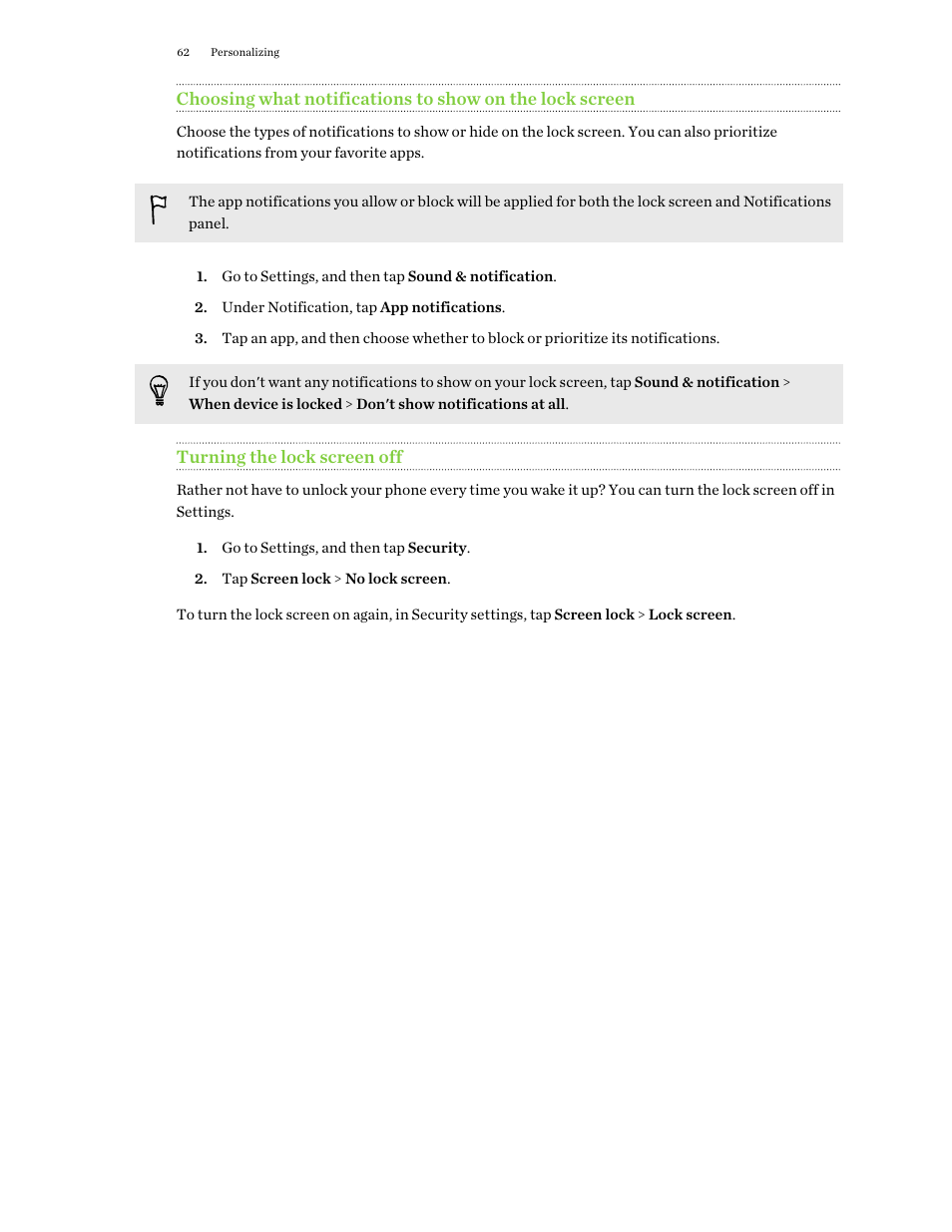 Turning the lock screen off | HTC One E8 User Manual | Page 62 / 188