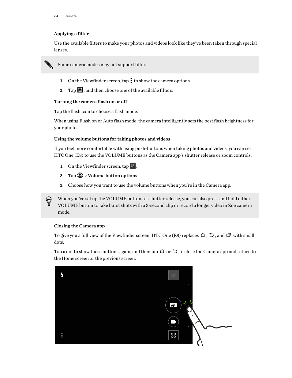 Applying a filter, Turning the camera flash on or off, Closing the camera app | HTC One E8 User Manual | Page 64 / 188