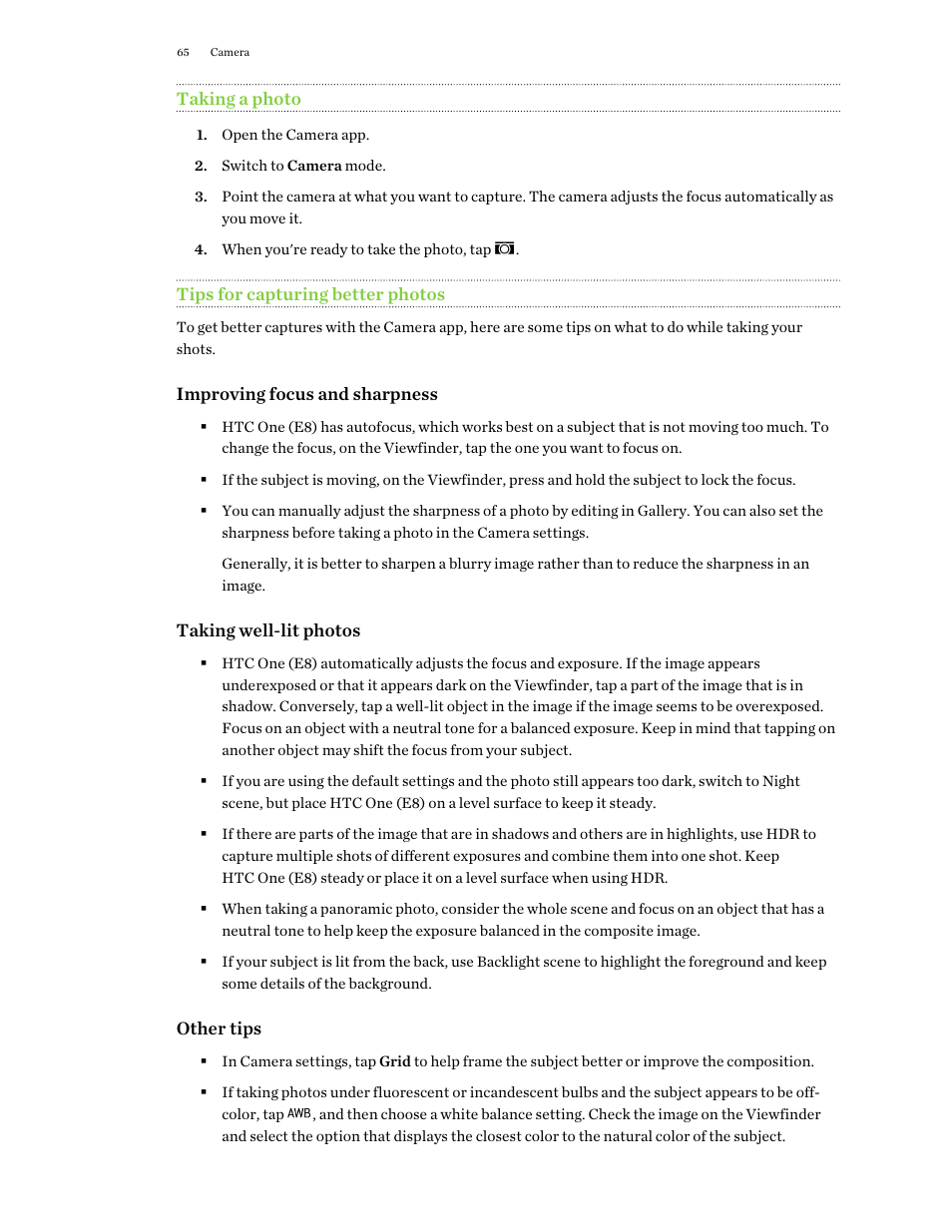 Taking a photo, Tips for capturing better photos | HTC One E8 User Manual | Page 65 / 188