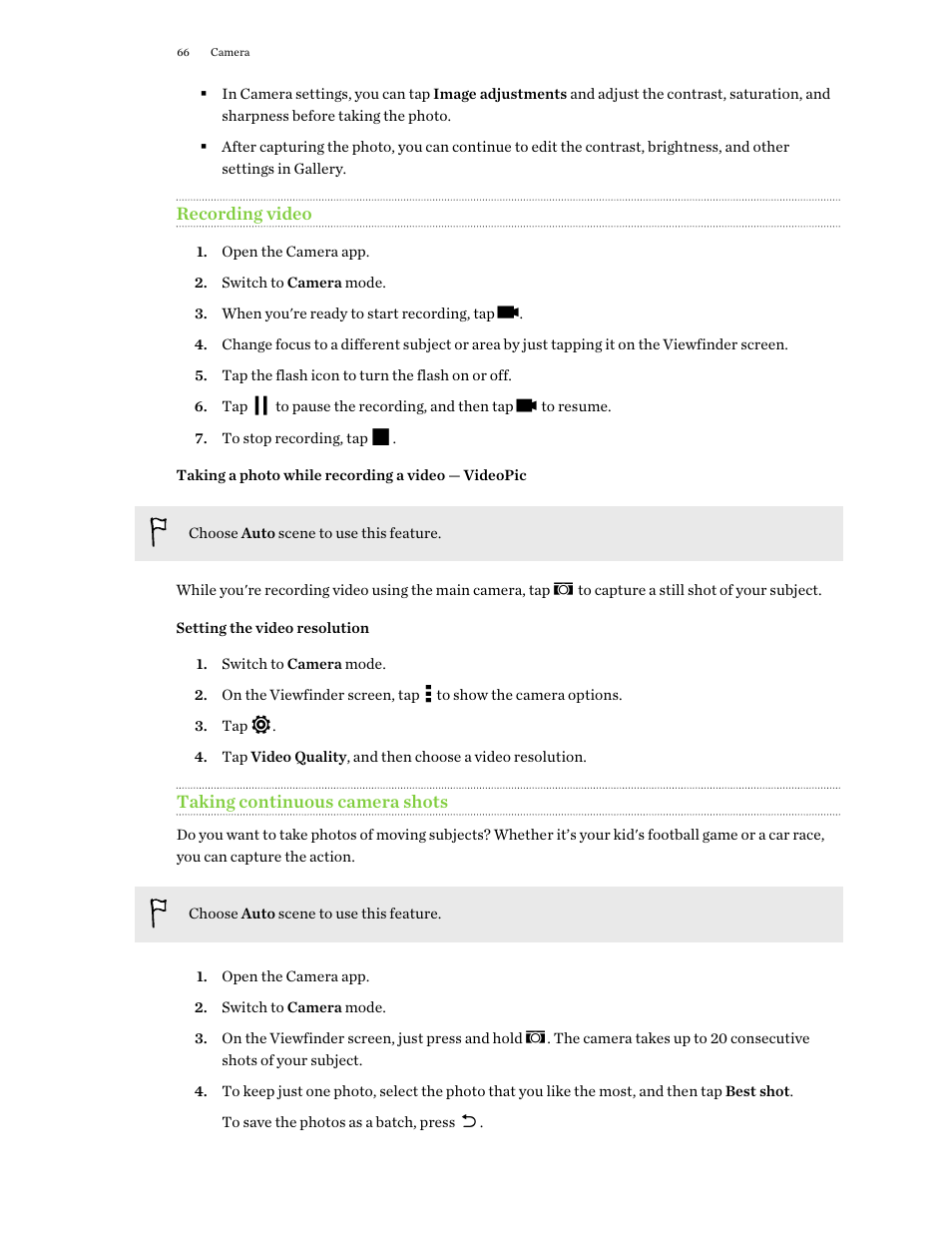 Recording video, Taking a photo while recording a video — videopic, Setting the video resolution | Taking continuous camera shots | HTC One E8 User Manual | Page 66 / 188