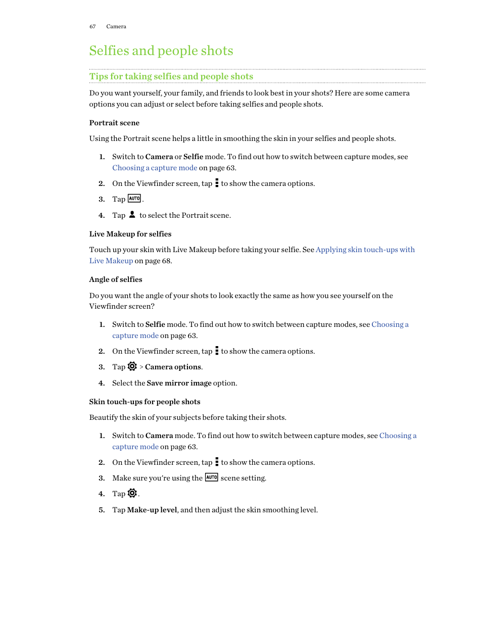 Selfies and people shots, Tips for taking selfies and people shots, Portrait scene | Live makeup for selfies, Angle of selfies, Skin touch-ups for people shots | HTC One E8 User Manual | Page 67 / 188