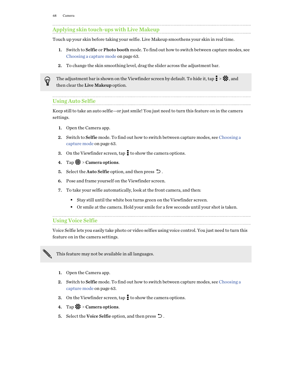Applying skin touch-ups with live makeup, Using auto selfie, Using voice selfie | Applying skin touch-ups with, Live makeup, Using, Auto selfie | HTC One E8 User Manual | Page 68 / 188
