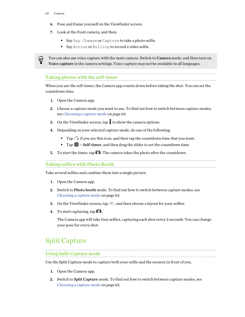 Taking photos with the self-timer, Taking selfies with photo booth, Split capture | Using split capture mode, Taking selfies, With photo booth | HTC One E8 User Manual | Page 69 / 188