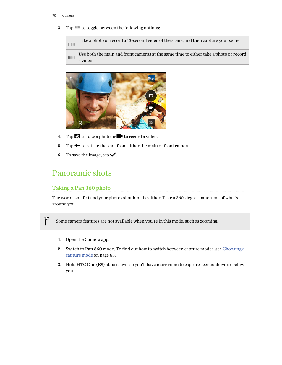 Panoramic shots, Taking a pan 360 photo | HTC One E8 User Manual | Page 70 / 188