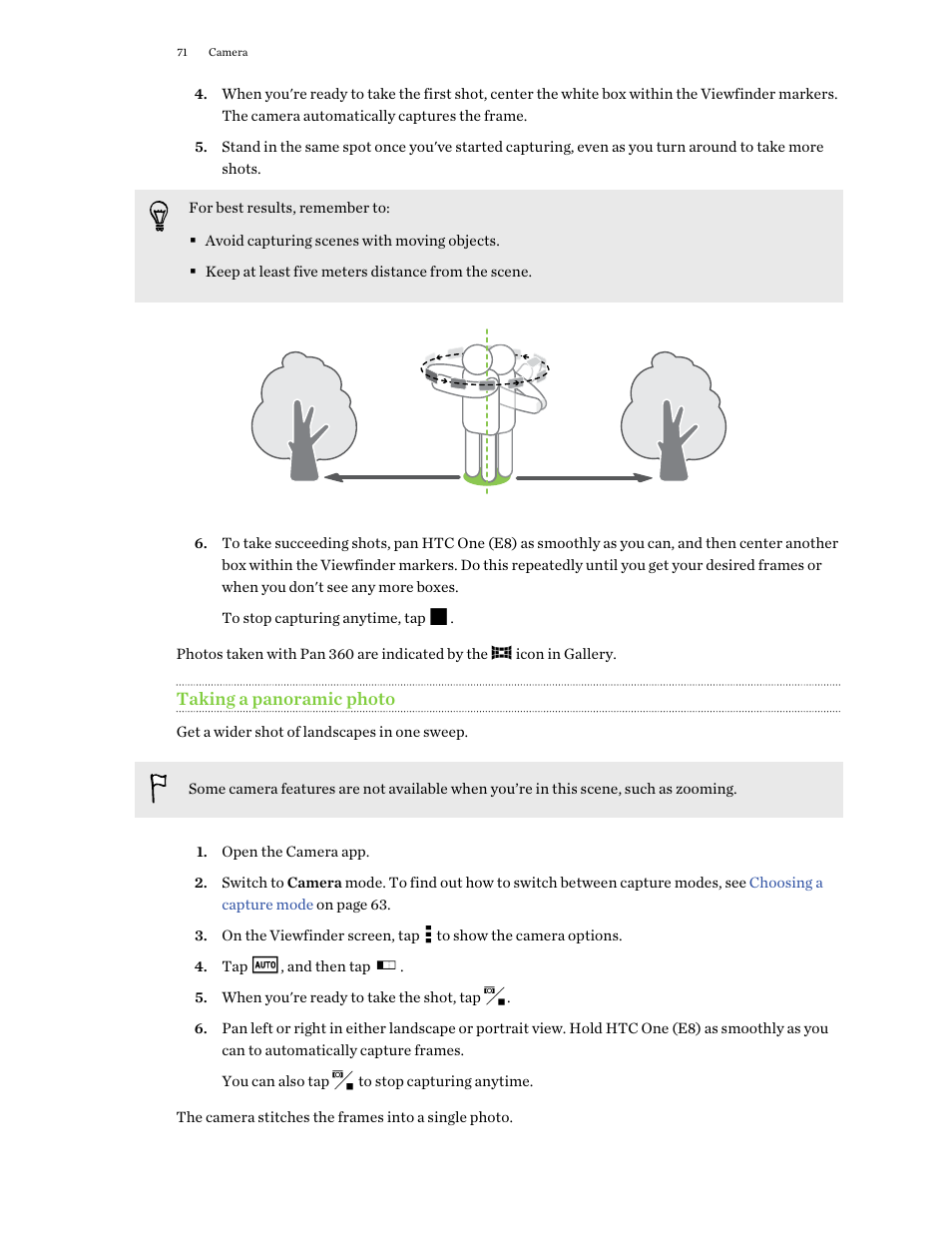 Taking a panoramic photo | HTC One E8 User Manual | Page 71 / 188