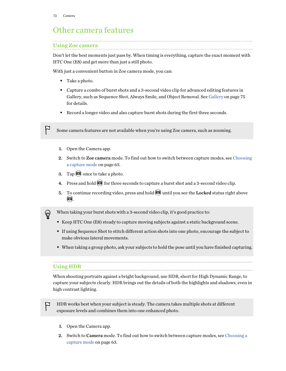 Other camera features, Using zoe camera, Using hdr | HTC One E8 User Manual | Page 72 / 188