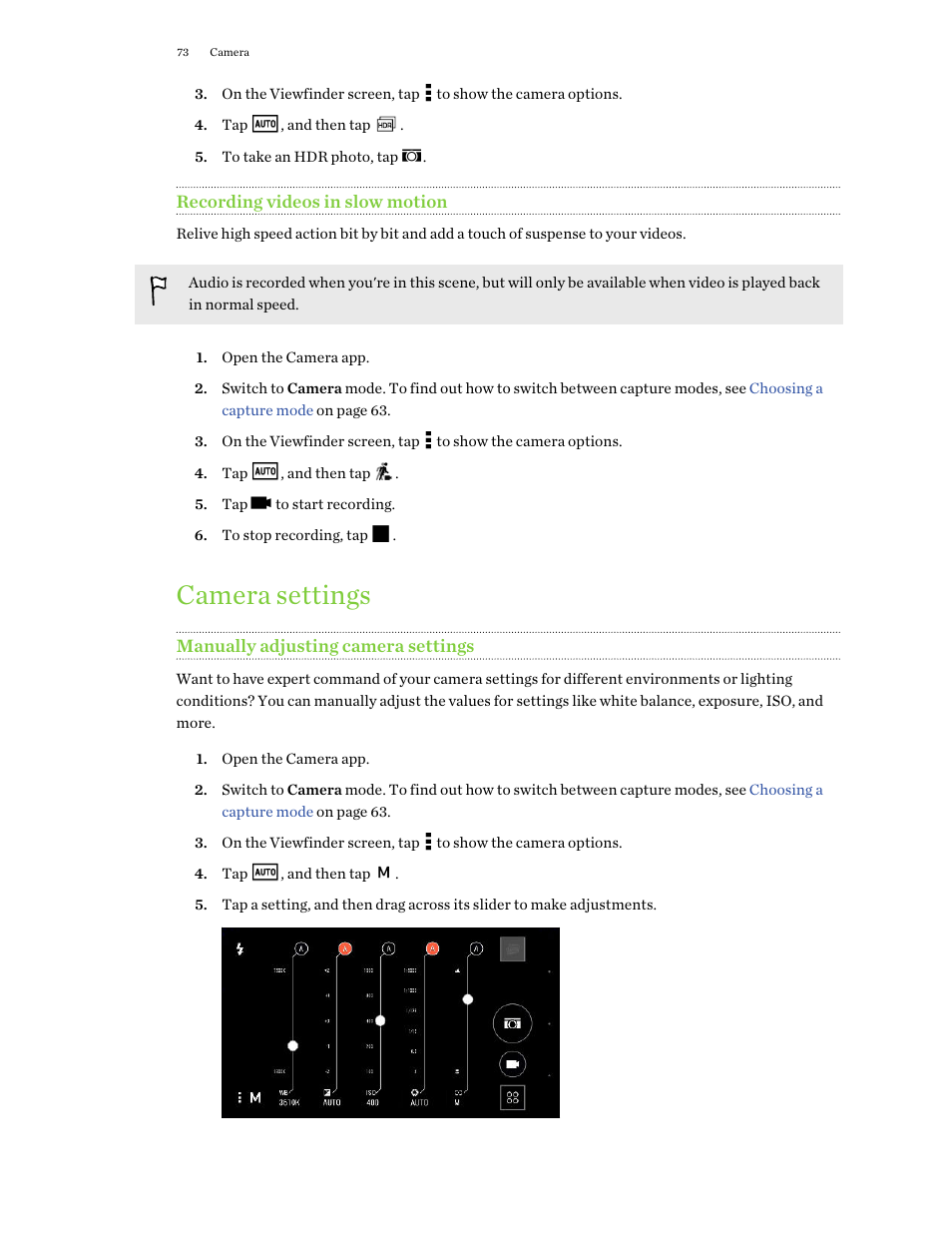 Recording videos in slow motion, Camera settings, Manually adjusting camera settings | HTC One E8 User Manual | Page 73 / 188