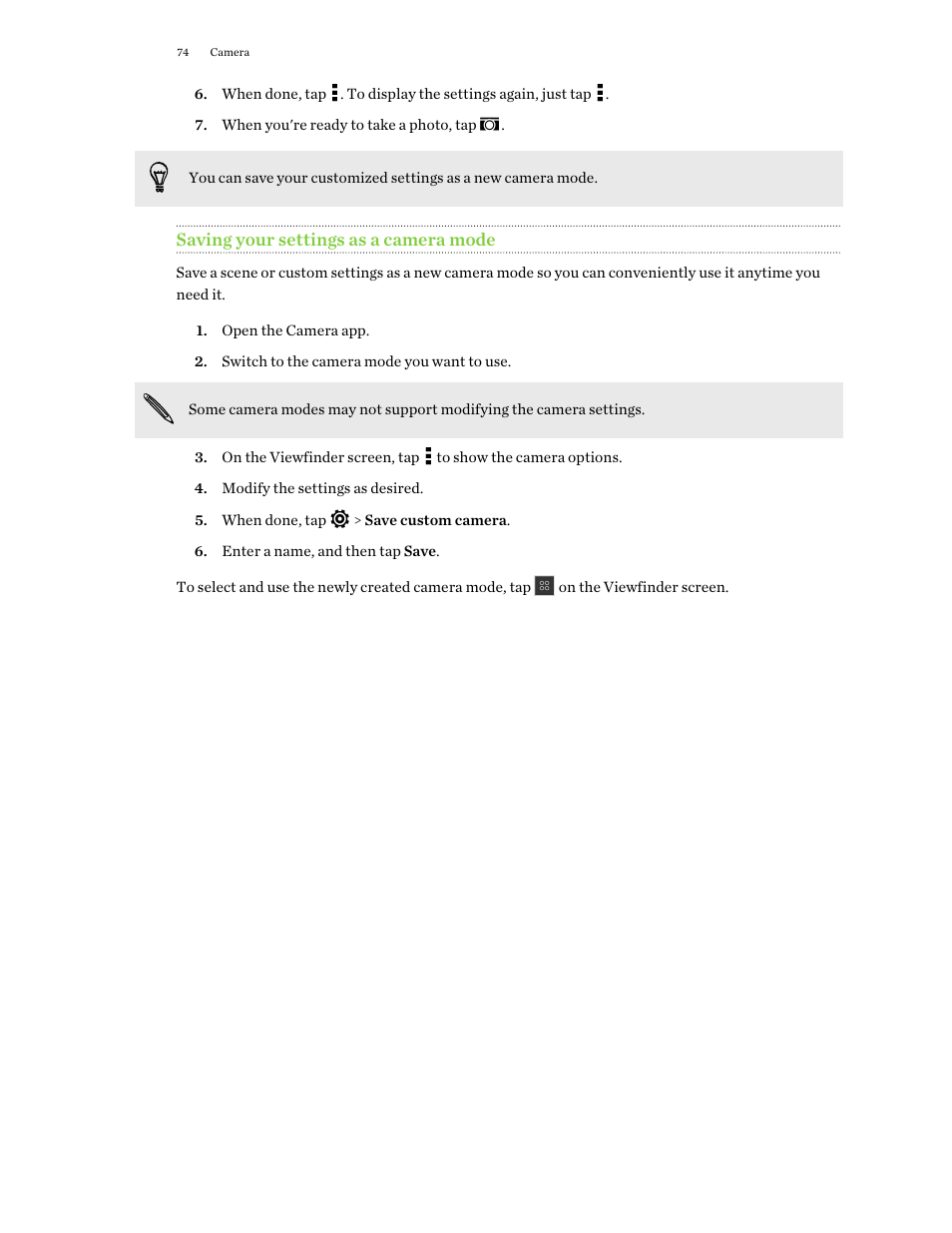 Saving your settings as a camera mode | HTC One E8 User Manual | Page 74 / 188