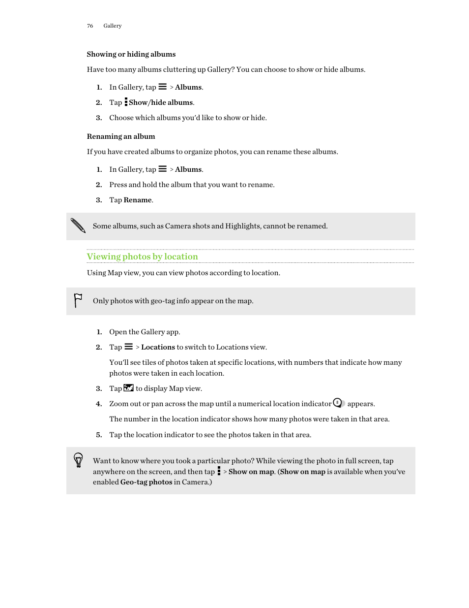 Showing or hiding albums, Renaming an album, Viewing photos by location | HTC One E8 User Manual | Page 76 / 188