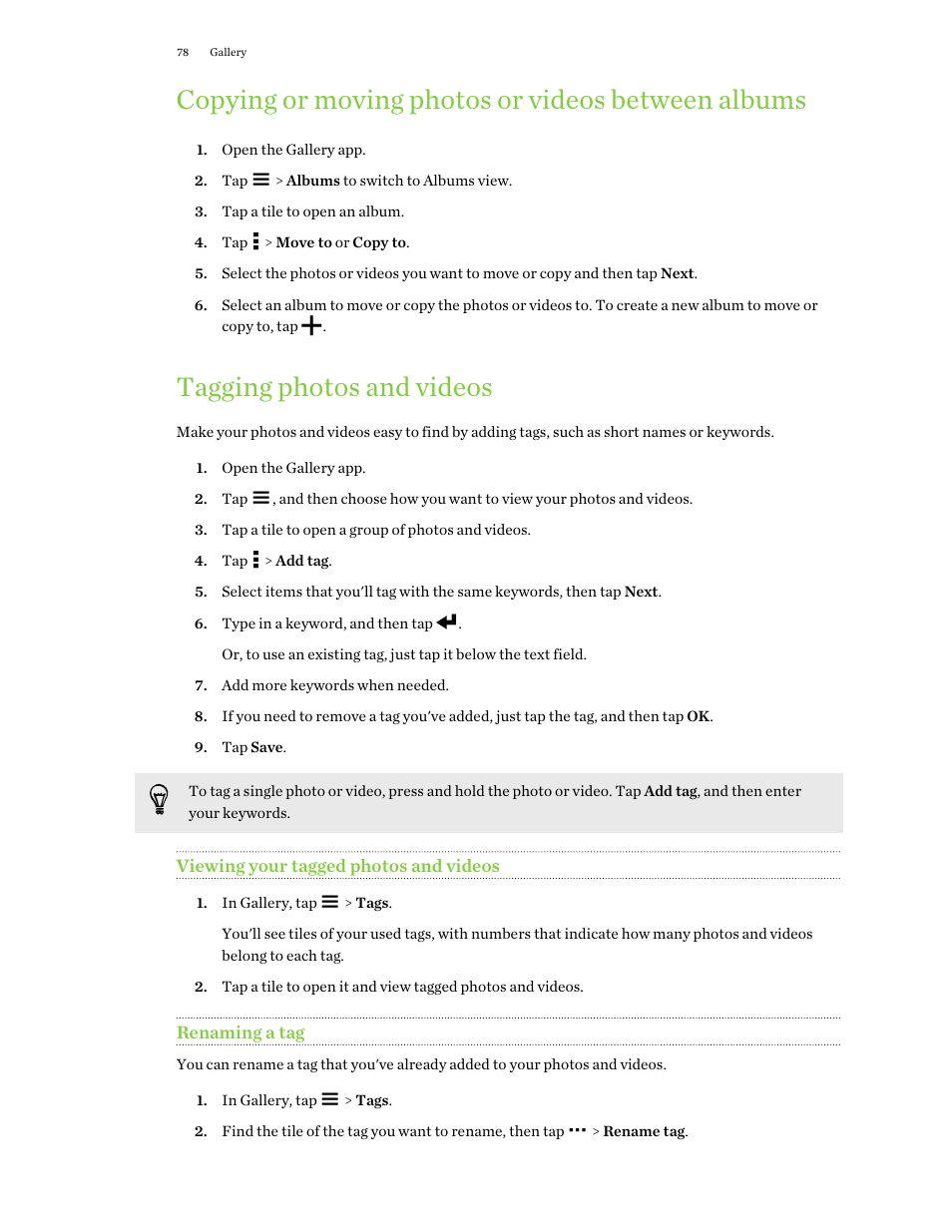 Copying or moving photos or videos between albums, Tagging photos and videos, Viewing your tagged photos and videos | Renaming a tag | HTC One E8 User Manual | Page 78 / 188