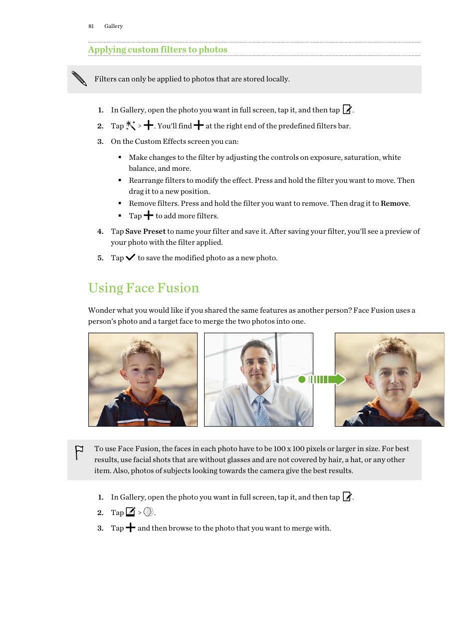 Applying custom filters to photos, Using face fusion, Looks together. see | HTC One E8 User Manual | Page 81 / 188