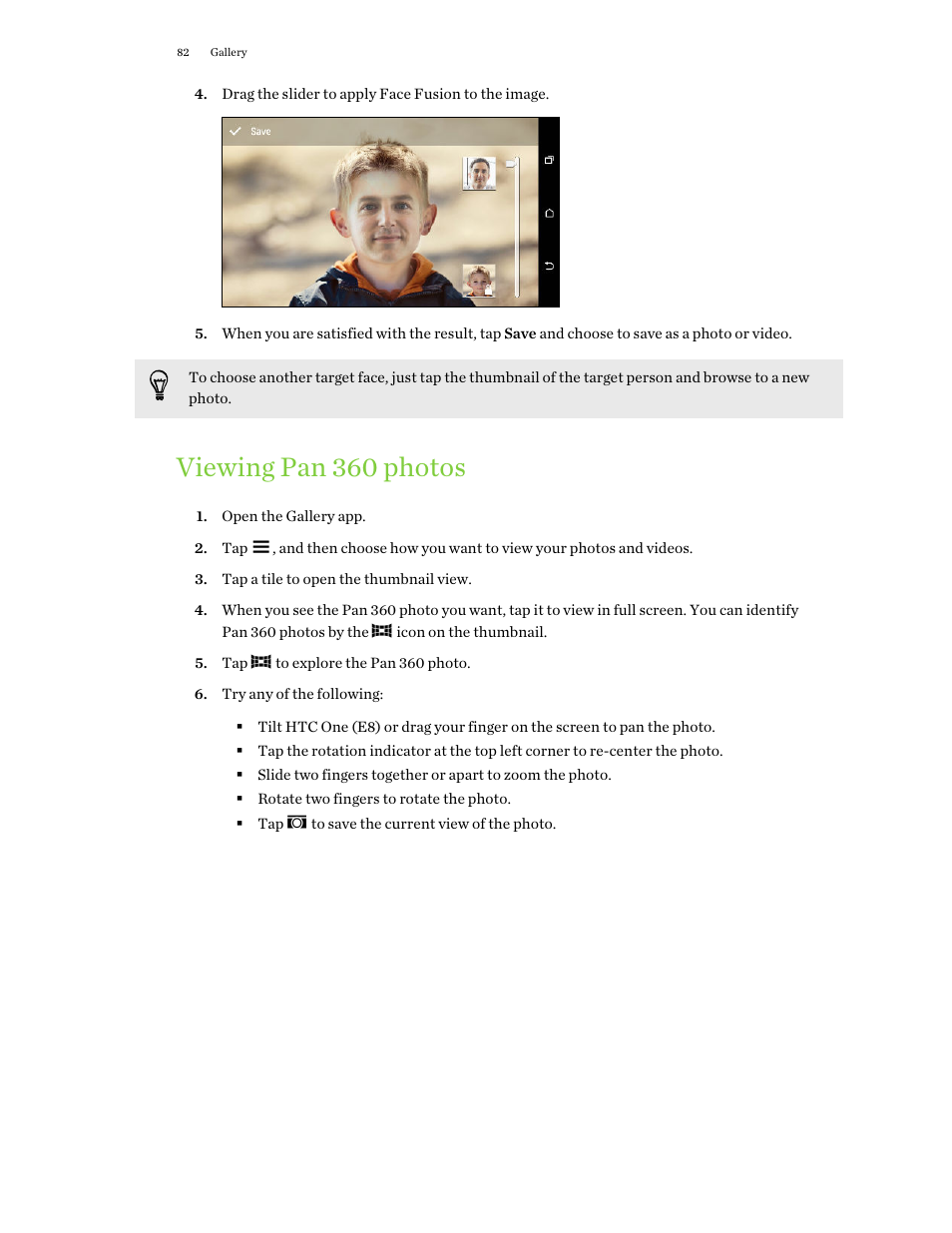 Viewing pan 360 photos | HTC One E8 User Manual | Page 82 / 188