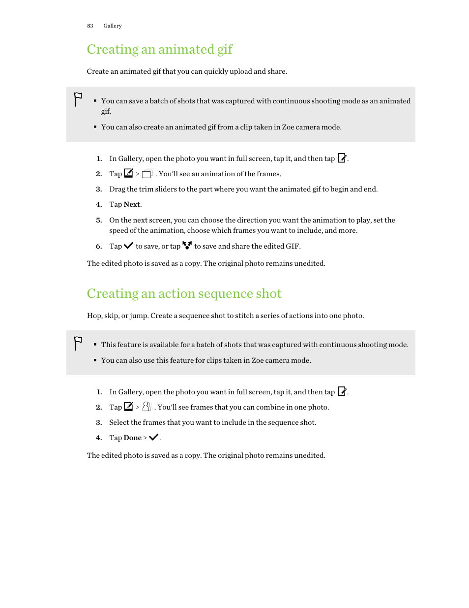 Creating an animated gif, Creating an action sequence shot | HTC One E8 User Manual | Page 83 / 188