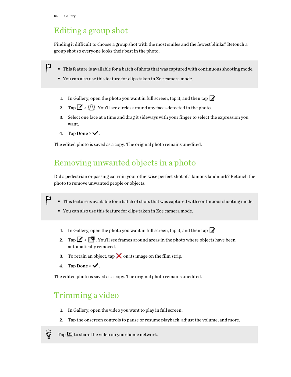 Editing a group shot, Removing unwanted objects in a photo, Trimming a video | HTC One E8 User Manual | Page 84 / 188