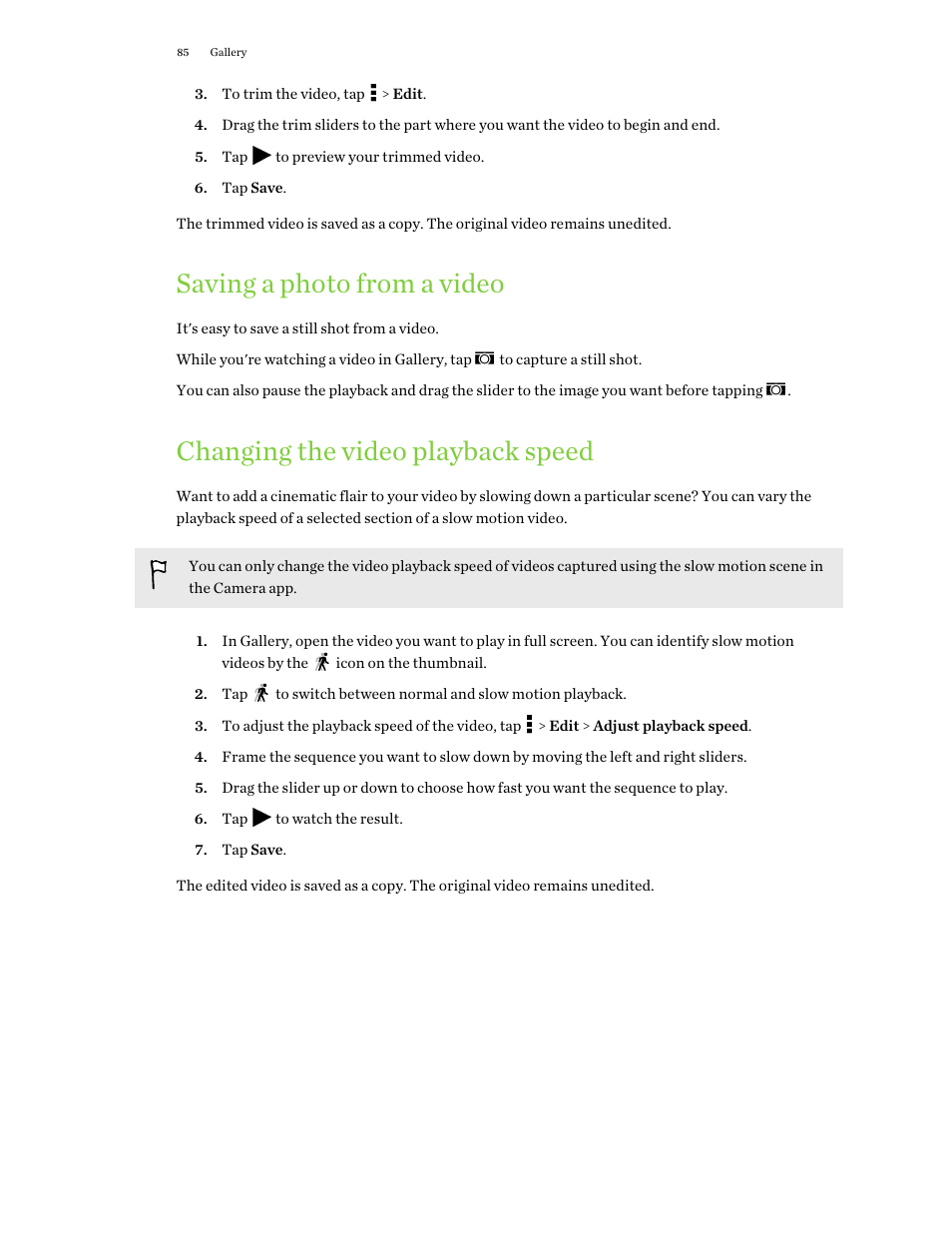 Saving a photo from a video, Changing the video playback speed | HTC One E8 User Manual | Page 85 / 188