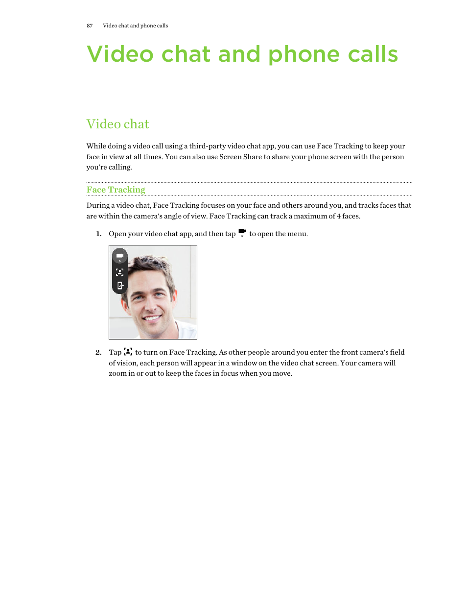 Video chat and phone calls, Video chat, Face tracking | HTC One E8 User Manual | Page 87 / 188
