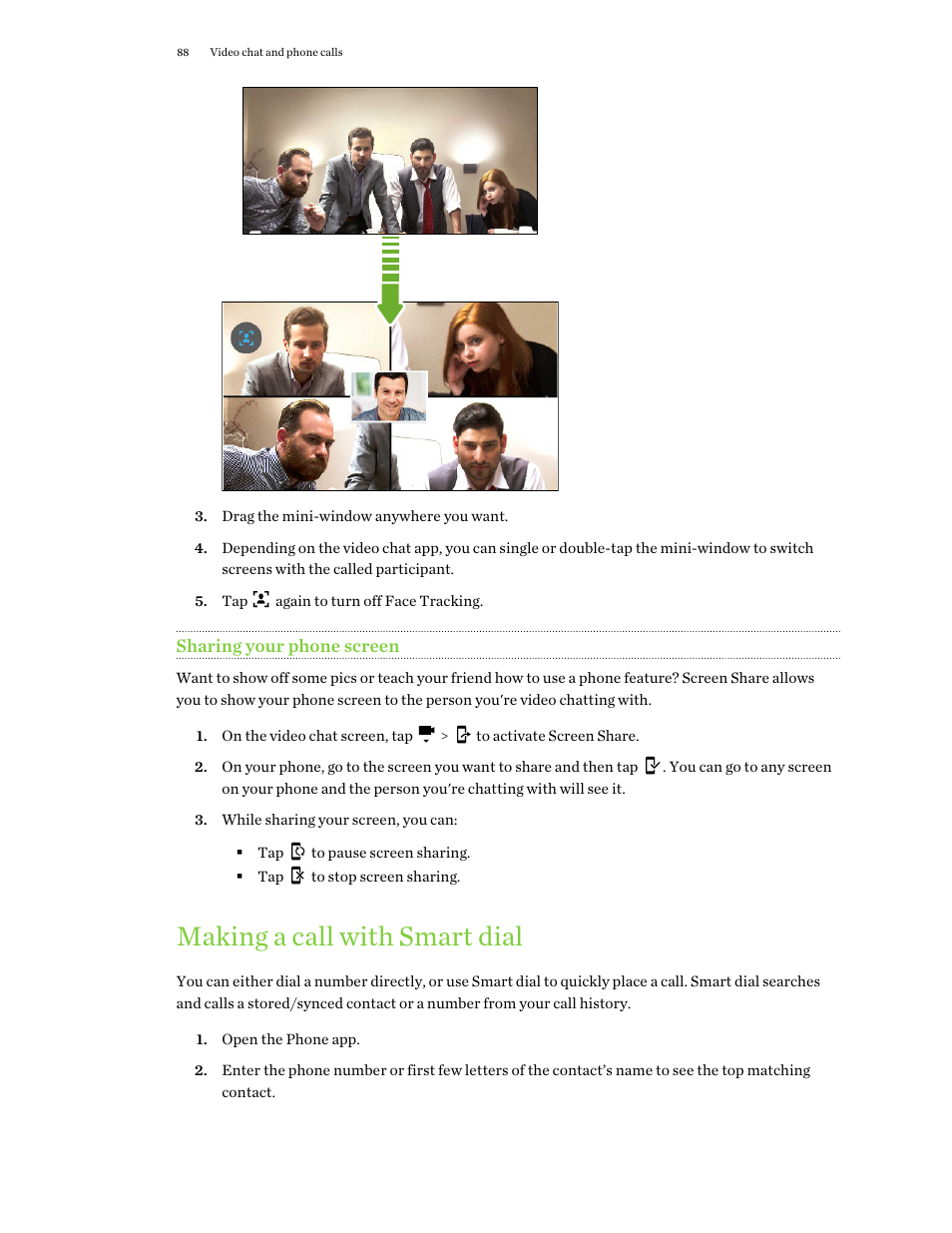 Sharing your phone screen, Making a call with smart dial | HTC One E8 User Manual | Page 88 / 188