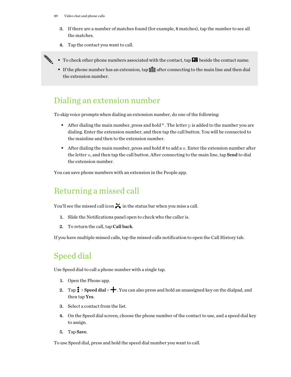 Dialing an extension number, Returning a missed call, Speed dial | HTC One E8 User Manual | Page 89 / 188