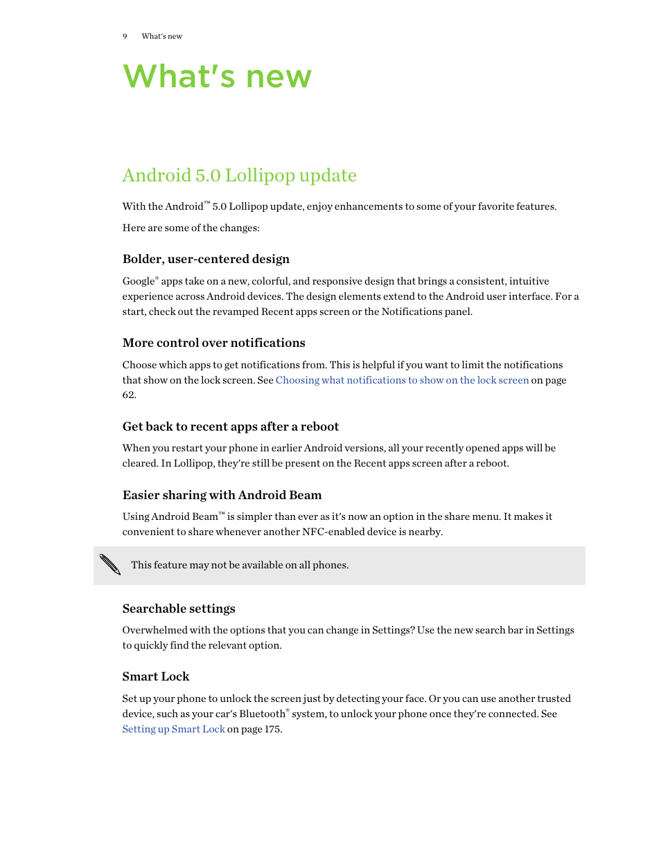 What's new, Android 5.0 lollipop update | HTC One E8 User Manual | Page 9 / 188