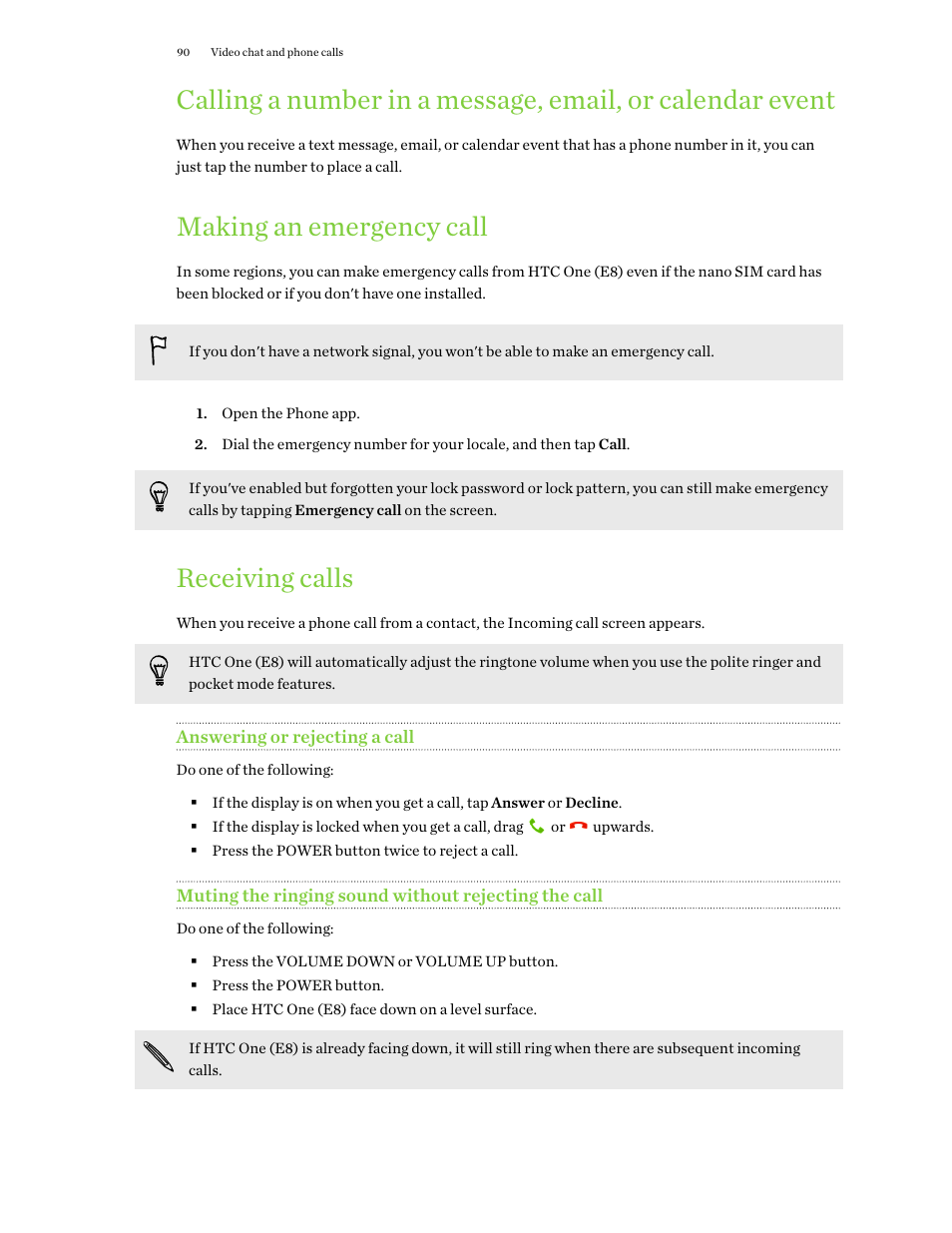 Making an emergency call, Receiving calls, Answering or rejecting a call | HTC One E8 User Manual | Page 90 / 188