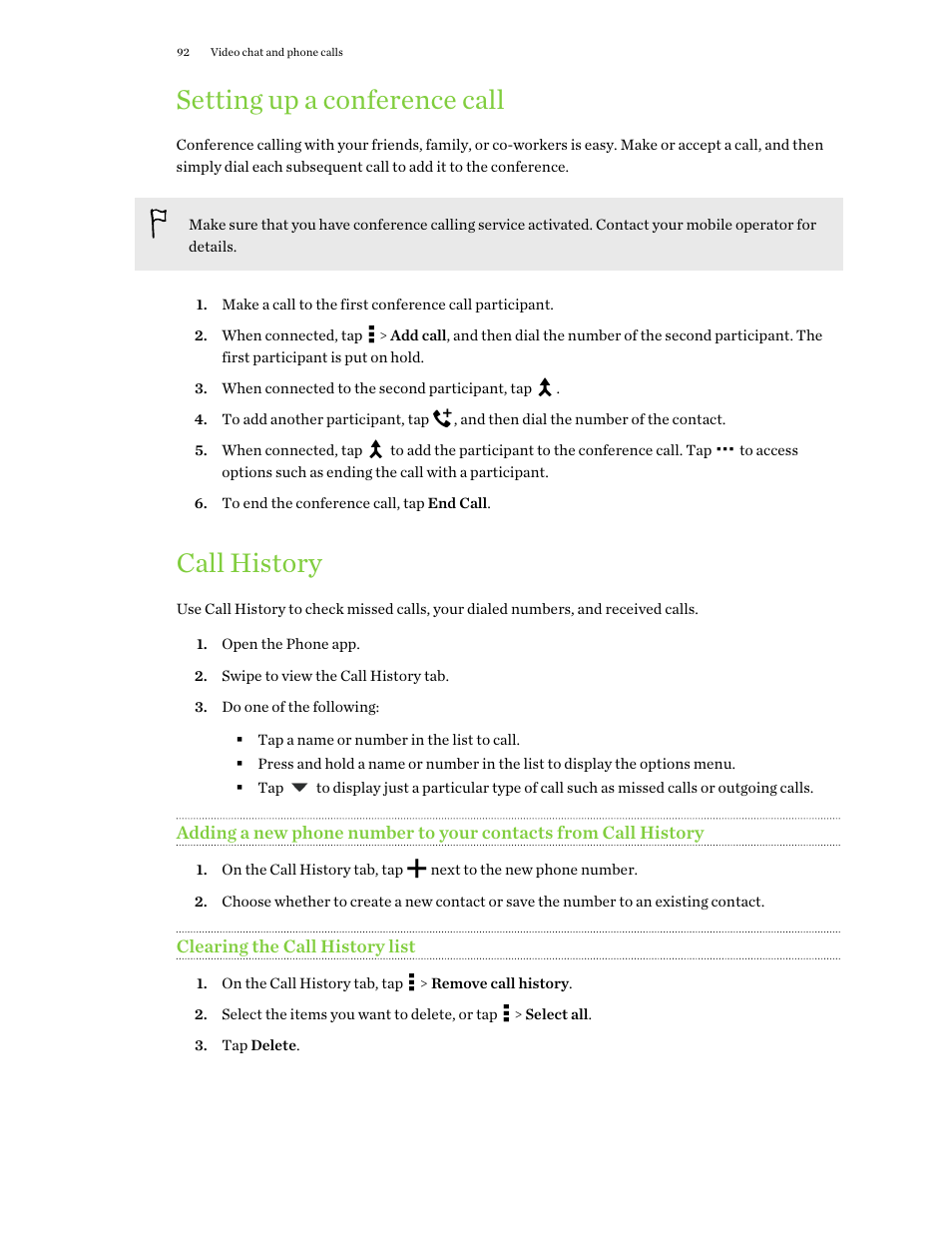 Setting up a conference call, Call history, Clearing the call history list | HTC One E8 User Manual | Page 92 / 188
