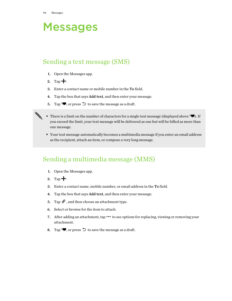 Messages, Sending a text message (sms), Sending a multimedia message (mms) | HTC One E8 User Manual | Page 94 / 188