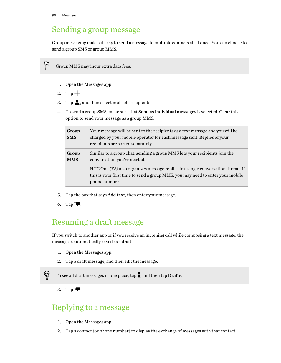 Sending a group message, Resuming a draft message, Replying to a message | HTC One E8 User Manual | Page 95 / 188