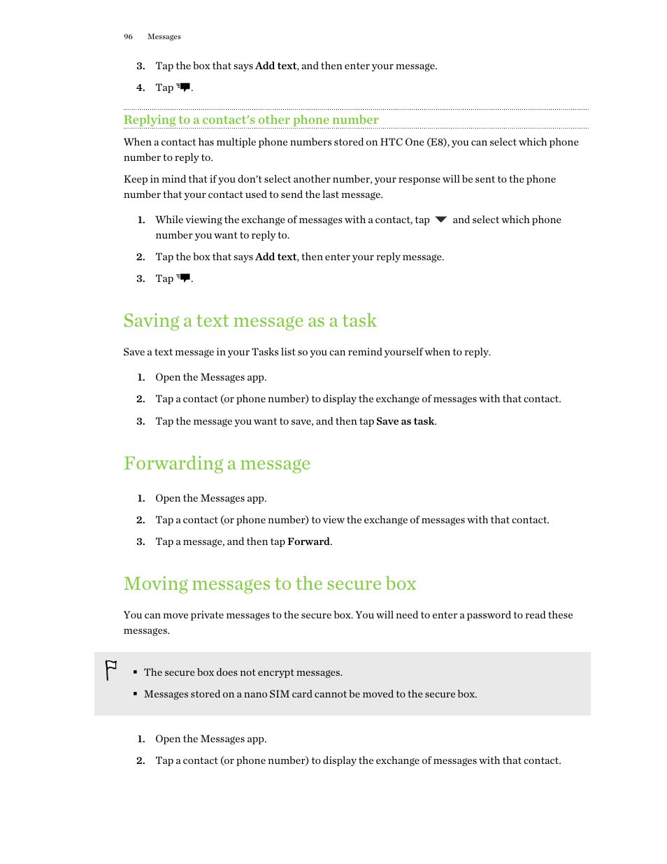 Replying to a contact's other phone number, Saving a text message as a task, Forwarding a message | Moving messages to the secure box | HTC One E8 User Manual | Page 96 / 188