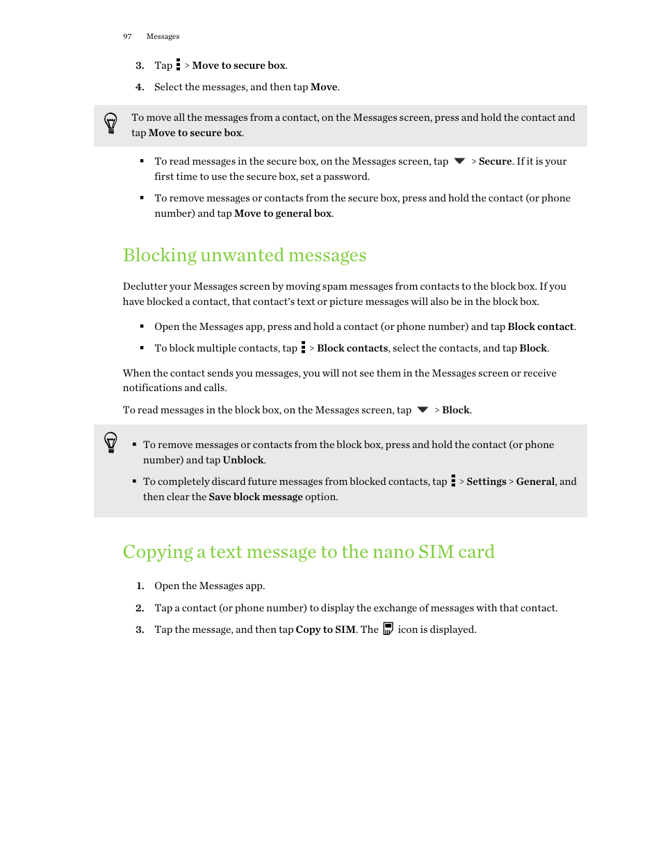 Blocking unwanted messages, Copying a text message to the nano sim card | HTC One E8 User Manual | Page 97 / 188