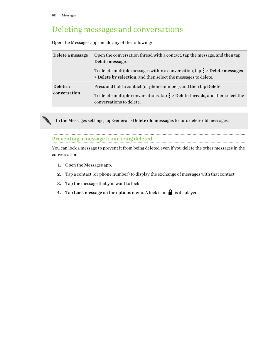 Deleting messages and conversations, Preventing a message from being deleted | HTC One E8 User Manual | Page 98 / 188