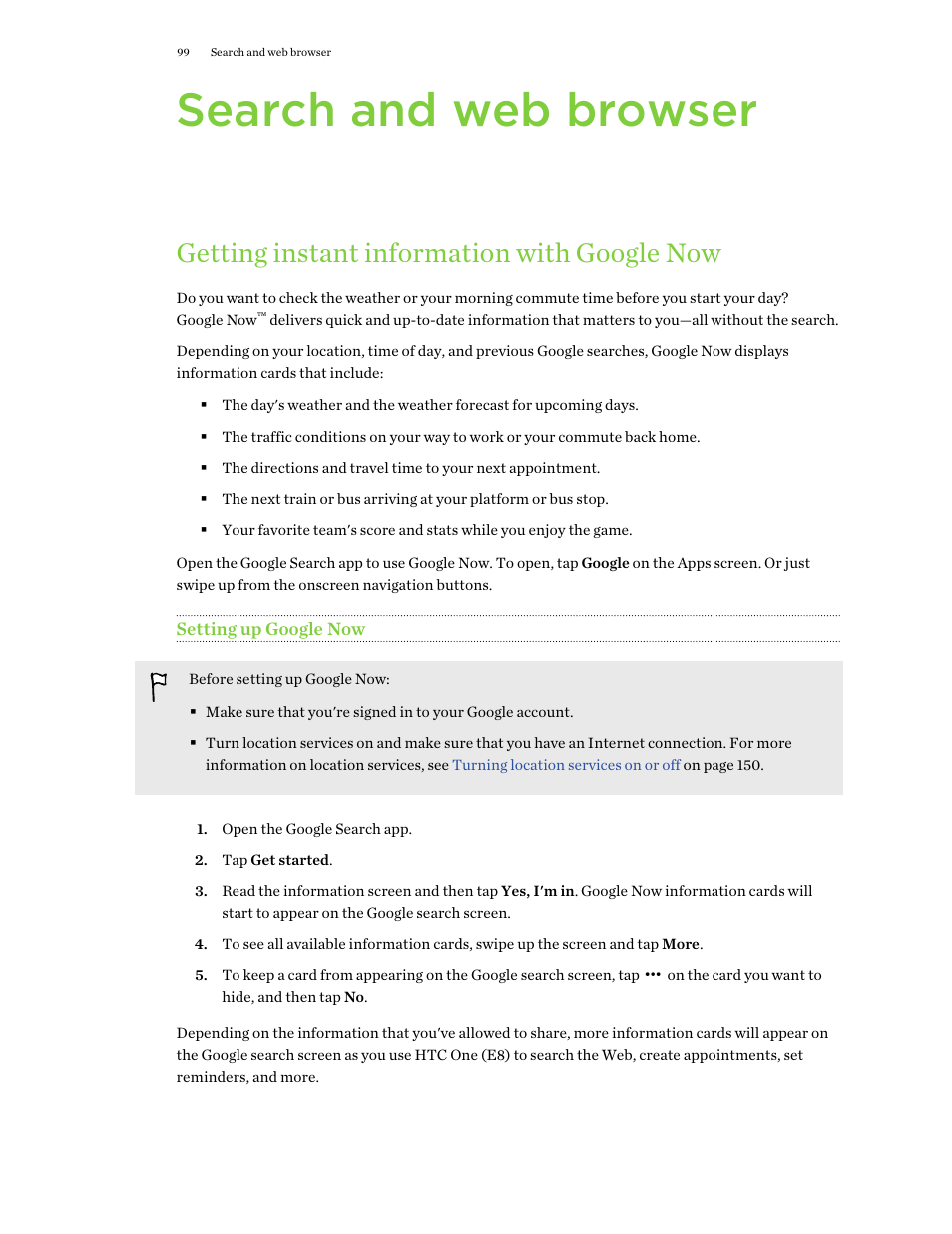 Search and web browser, Getting instant information with google now, Setting up google now | HTC One E8 User Manual | Page 99 / 188