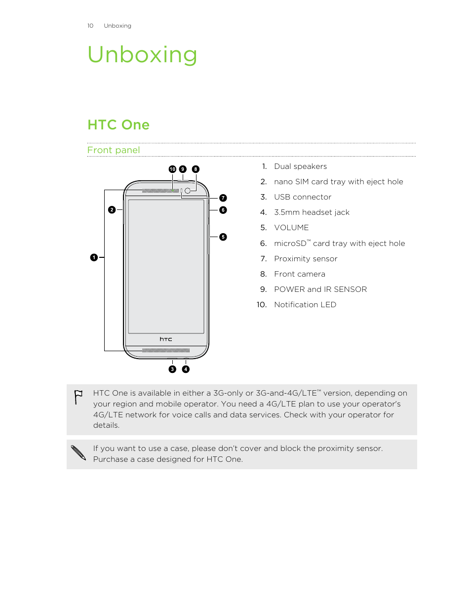 Unboxing, Htc one, Front panel | HTC One M8 User Manual | Page 10 / 201