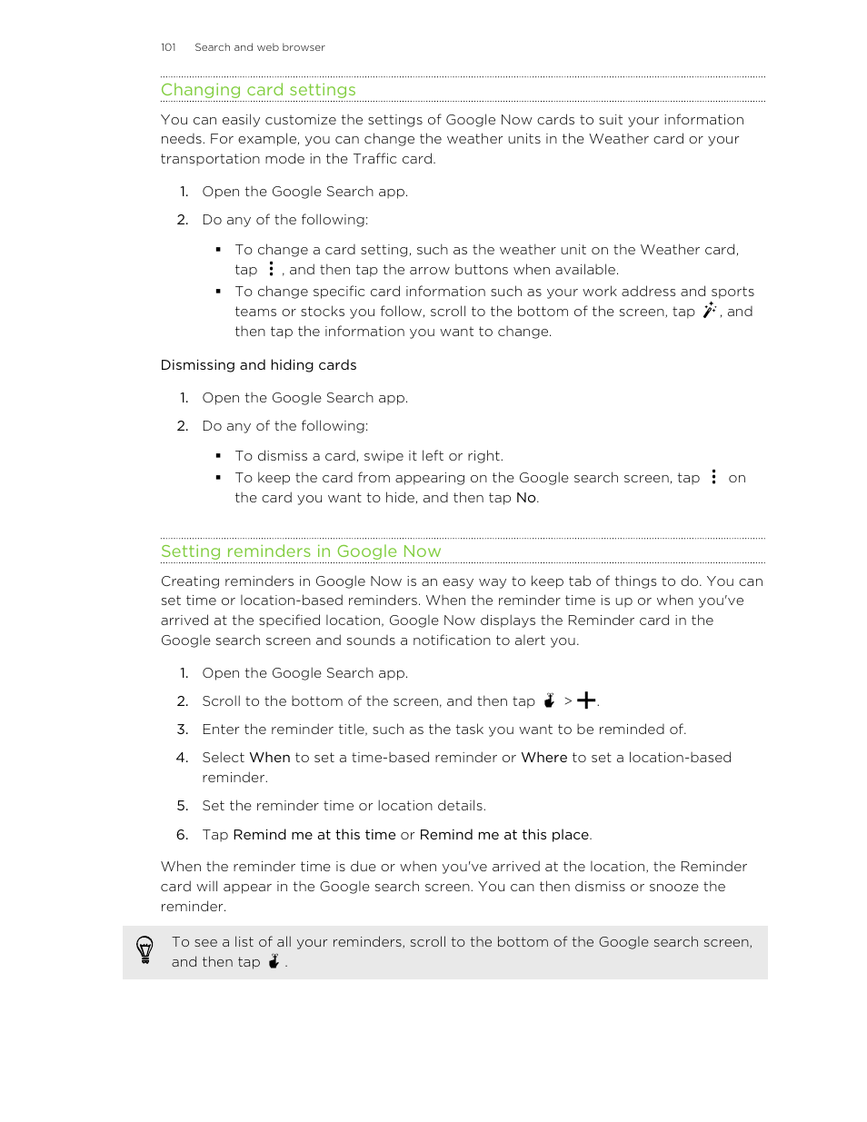 Changing card settings, Dismissing and hiding cards, Setting reminders in google now | HTC One M8 User Manual | Page 101 / 201