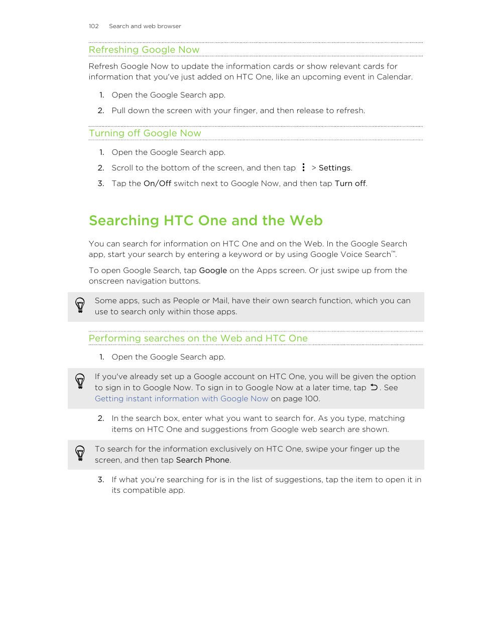 Refreshing google now, Turning off google now, Searching htc one and the web | Performing searches on the web and htc one | HTC One M8 User Manual | Page 102 / 201