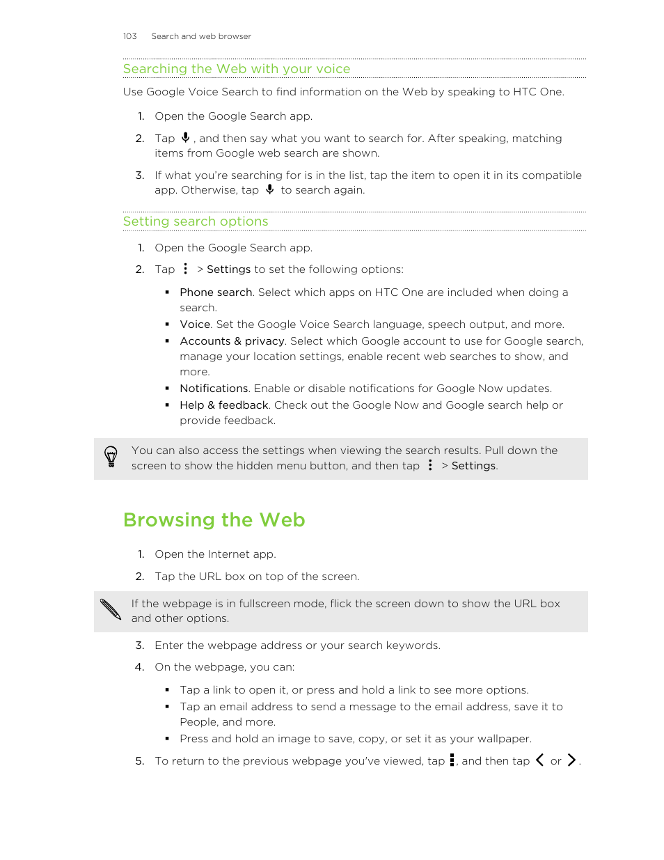 Searching the web with your voice, Setting search options, Browsing the web | HTC One M8 User Manual | Page 103 / 201