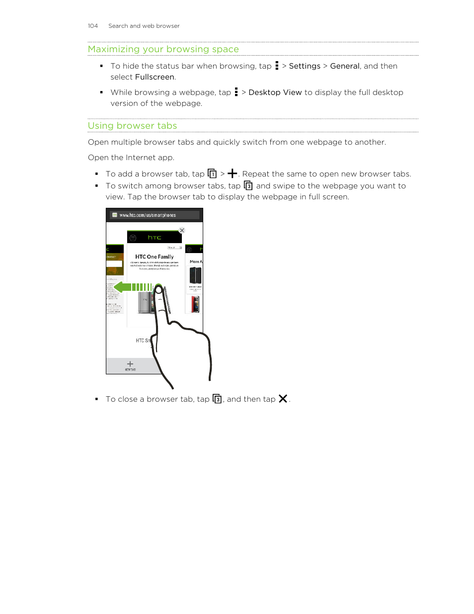 Maximizing your browsing space, Using browser tabs | HTC One M8 User Manual | Page 104 / 201